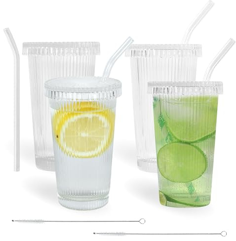 AGH life 4 Stück Glas Wasserbecher mit Deckel und Strohhalm 375ml, Gläser Set, Transparente Glasbecher, Iced Coffee Trinkgläser für Milch,Tee, Latte