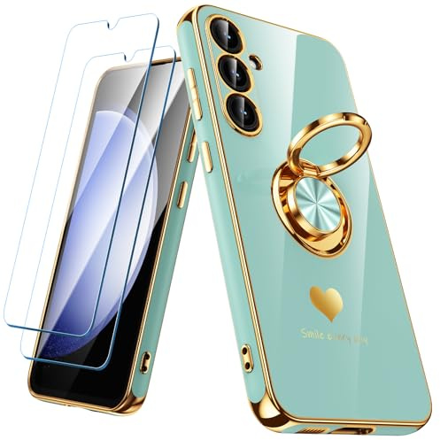 Nonional for Samsung Galaxy S23 FE 5G Case with 2 Pack Screen Protector, 360° Rotatable Ring Holder [Luxury Hearts Pattern] Plating Gold Edge Slim Soft Phone Cover Case for Galaxy S23 FE - Mint