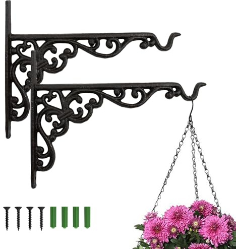 MrMrKura Paquete de 2 Soportes Colgantes para Plantas de 25 cm, Colgadores de Plantas de Hierro Forjado para Exterior e Interior, Ganchos de Pared para Colgador de Comedero de Pájaros/Farol