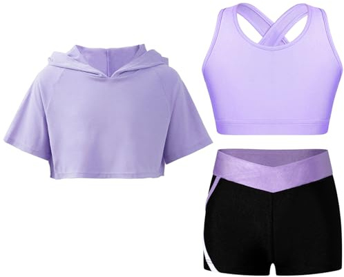 Oyolan Enfant Fille Ensemble de Sport Crop Top Sweat à Capuche Débardeur Short Fitness Gym Yoga Workout Survêtement Eté 5-16 Ans