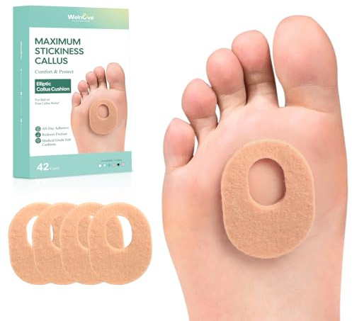 Welnove 42pcs Callus Pad with Water-Resistant Self-Stick Adhesive, Protects Foot, Heel and Toes from Rubbing and Friction,Oval Shape Design,Reduce Pressure and Friction from Shoes Rubbing-Skin Color