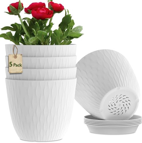 MUAEEOK 18CM 5 Pack Plant Pots Indoor Stripe Grooves Plastic Flower Pots with Drainage Holes and Tray, Modern Decorative Planter Pot for All House Plants (18CM, White)