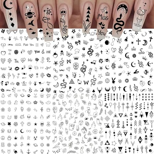 Bkemkri 6 Feuilles Sticker Ongle Autocollant 1 Pince à épiler, Noir Nail Art Décoration Autoadhésif Deco Design Manucure Adhésif Étoile Lune Abstrait Visage de Dame Triangle Géométrique Accessoires