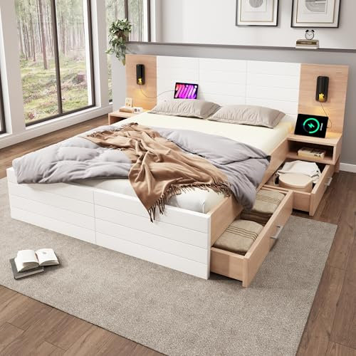 Dubbelsäng 140 x 200 cm med 2 lådor och sängbord, sänggavel med läsljus och USB-laddningsfunktion, inkl. ribbotten, sängram i ek/vit, för bekväm sömn och modernt förvaringsutrymme.