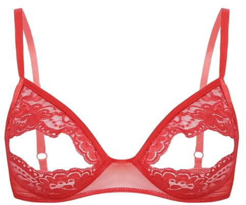 QIANGYTHENKO Reggiseno aperto da donna per reggiseno in pizzo floreale senza ferretto sfoderato, Rosso, XL