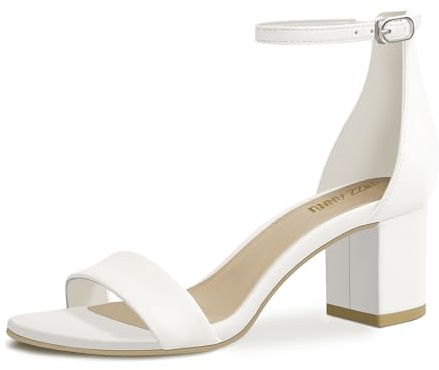 PIZZ ANNU Womens Sandals Mid Block Heel Ankle Strap Wedding Shoes for Bride Open Toe Ladies Sparkly Glitter Evening Party White-J Hook Buckle Size 8 Wide
