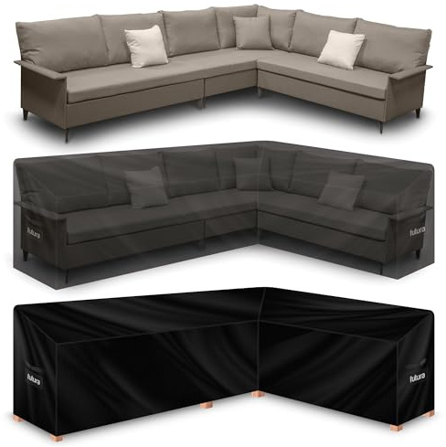 Futura Premium L Shaped Garden Furniture Covers Waterproof 260x210x80cm, Heavy Duty 600D Oxford Fabric Outdoor Rattan Corner Sofa Cover, PVC Lined, Air Vents and UV Safe