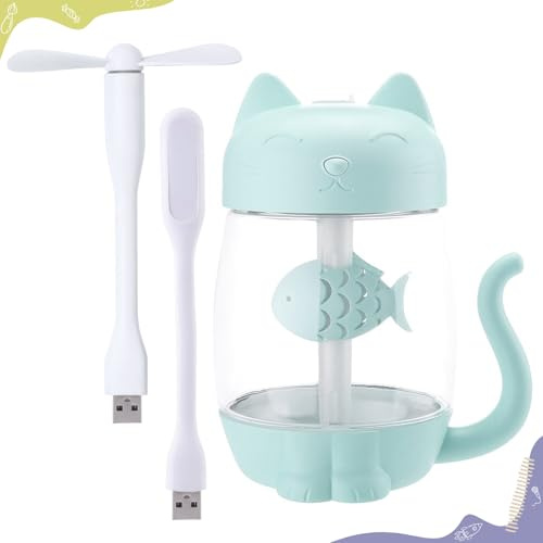 Mini Kitty Humidifier (350ml) with USB LED Light and Mini Fan | Quiet Cool Mist for Children | Ideal for Bedroom | Gift | Safe | for Summer and Winter (SKY)