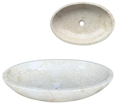 Lendo Online Lavabo da appoggio in marmo ovale 60x40 o 40x30 cm – Lavabo bagno in pietra naturale crema, grigio o nero – Superficie lucidata – Elegante e resistente (Crema, 60x40cm)