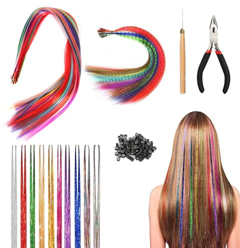 60 Stück Bunte Haarverlängerungs Set Kunst Haare Extensions Bunte Haarsträhnen Kinder Glitzer Haarsträhnen Haarteil Zange Häkchen mit 100 Perlen Ponytail Braids Clip