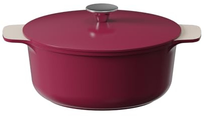 Cooksmart Signature 20cm Casserole Pot with Lid, Cast Aluminium, Raspberry | PFOA & PFAS free, non-stick coating, induction compatible, includes felt protector, suitable for all hob types