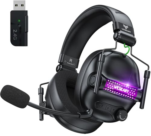 WESEARY WG2 Casque Gaming sans Fil, 2,4 GHz Casque Bluetooth sans Fil avec Micro pour PS5, PS4, PC, Switch, Mac, Mobile, Casque Gaming Pliable avec Son Stéréo et Éclairage LED, Batterie de 50h