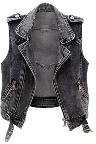 ORANDESIGNE Veste en Jean sans Manche Femme Court Denim Gilet Veste Cowboy Jean Manteaux sans Manche Gilet Moto D Noir XS