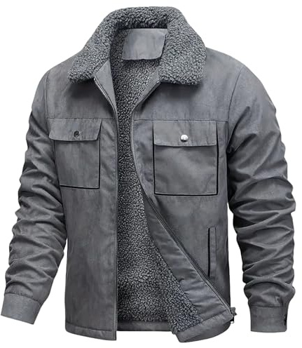Suede Fleece Jacket for Men Uk Sherpa Lined Military Jackets Long Sleeve Zip Up Lapel Bomber Jackets with Pockets Windbreaker Cargo Coats Casual Loose Jacket Thick Outerwear Work Walking Hiking