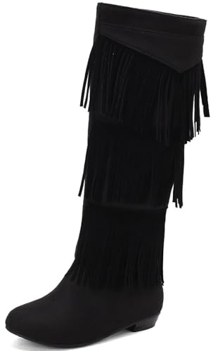 Smilice Bottes hautes à franges multicouches pour femme - Style bohème - Marche confortable, Noir , 38 EU