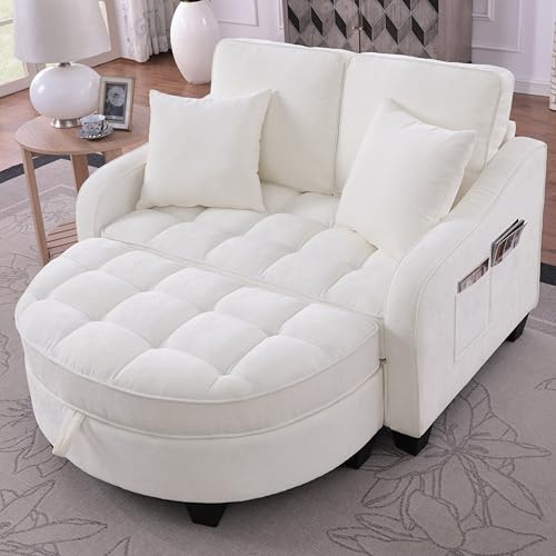 HMHKHN Sofa mit Schlaffunktion, Sofa Klein, Chaiselongue, 2-in-1 Schlafsofa, Aufbewahrungs-Hocker & 4 Kisse, für Kleine Wohnzimmer, Studienzimmer, Schlafzimmer, 132×129×93cm (Beige)