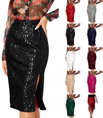 Elegante con Paillettes Gonna Paillettes Lunga Fessura Donna Curvy Slim Fit Scintillante a Vita Alta Skirt Elegante Gonna Paiette Grandi Outfit Controllo Moda Ventre Tinta Unita Donna