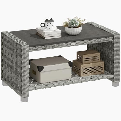 Outsunny Outdoor-Couchtisch mit Ablagefach, Beistelltisch aus PE-Rattan mit Lattenrost und Gleitern für Terrasse, Garten und Balkon, 90 x 50 x 45 cm, grau