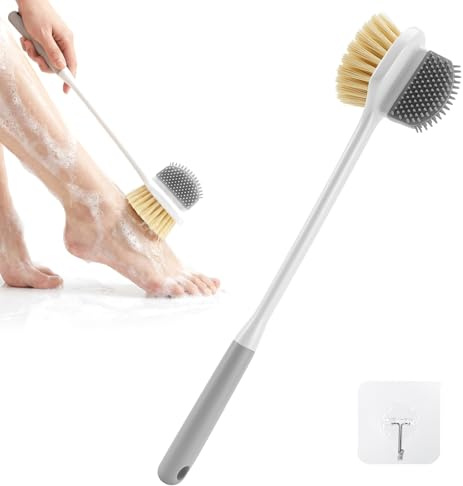 Fußwaschbürste,Duschbürste mit langem Stiel Rückenbürste für Senioren Fußbürste für die Dusche 2-in-1 Doppelseitige Bürste mit Silikon & sanften Borsten - Rückenschonend für Badezimmer Dusche