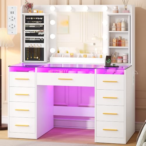 YUNSCEND Toeletta Trucco con Luci RGB LED e Portagioie Girevole a 360° | Postazione Trucco con Piano in Vetro Trasparente,9 Cassetti,8 Scaffali,Toeletta con Specchio e Prese Moderno Bianca EXFST005W