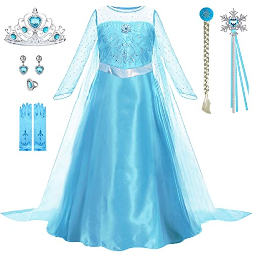 LiUiMiY Prinsessklänning, Elsa-kostym, barn, flickor, fin blå klänning för julutklädnad, karneval, halloween, blå, 116–122 (etikett 120)