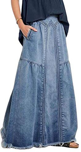 ebossy, Gonna Lunga da Donna in Denim con Elastico in Vita sfrangiata, Linea ad A, Effetto Invecchiato, Stile Hippie, Blu, XL