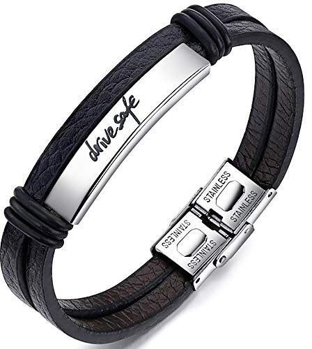 Gleamart Drive Safe Leather Rope Bracelet Stainless Steel Lock Wristband Bangle for Men Women