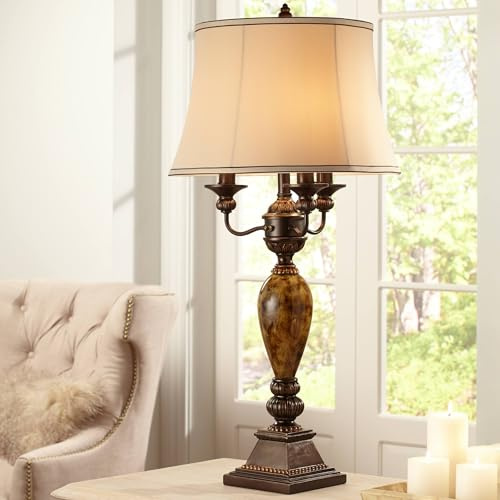 Kathy Ireland Mulholland Traditional Vintage 3-Way Table Lamp with Tabletop Dimmer 37 Tall Bronze Golden Marbleized White Bell Shade for Living Room Bedroom House Bedside Nightstand Office