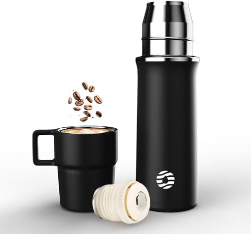Healter 600ml Vacuum Flask for hot Drink (12 hrs hot & 24hrs Cold) Coffee Flask with Multifunctional Cup Lid Hot Water Flasks with Leakproof Lid for Adult, Gym, Outdoor(Black)