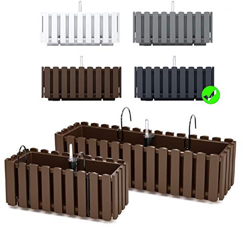 Blumenkasten Blumentopf Balkonkasten Latten-Optik mit Halterungen Wasserspeicher Pflanzkasten Pflanzgefäß inkl. Aufhängung Lattenzaun-Design (580 Anthrazit)