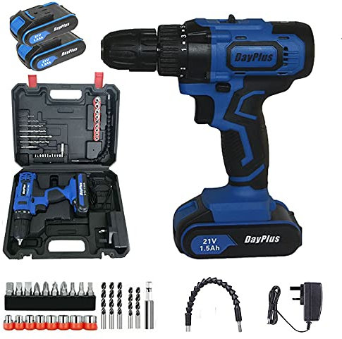 21V Cordless Drill with 2×1.5Ah Batteries, Heavy Duty Electric Drill and Screwdriver Set, Impact Driver 45Nm, 2900RPM Max Speed, 2 Speed, Forward and Reverse Setting, LED Worklight