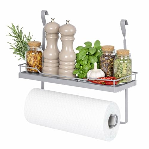 LIVIVO Hanging Storage Kitchen Shelf & Paper Towel Holder Dish Plates Bowl Tumbler Glasses Utensil Cutlery Knives Pots Rack (Shelf & Paper Towel Holder, Grey)