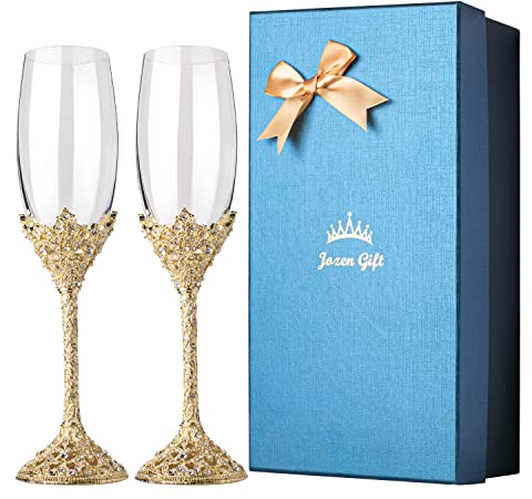 Jozen Gift Gold Champagnerflöten Set mit 2 Kristallgläsern Metallsockel mit Kristallsteinen, Set mit 2 Toastflötenpaar, Hochzeitstag, Party, Geburtstag, Geschenke für Braut und Bräutigam, 7 Unzen