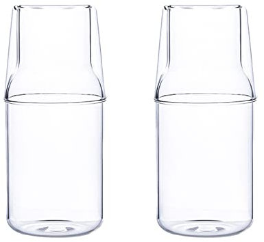 Teahutty Juego de 2 jarras de agua de noche de 360 ml con vaso de vidrio para mesita de noche, jarra de agua de vidrio transparente para zumo, jarra de agua nocturna con juego de tazas para oficina en