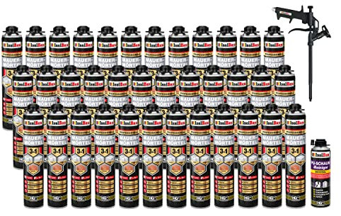 Isolbau Mauermörtel Set: 36x 750 ml PU-Mörtel 1x 500 ml Pistolenreiniger 1x Teflon Schaumpistole, PU-Reiniger, Montageschaum, Pistolenschaum