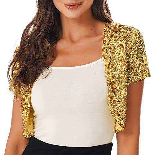 Agoky Women's Glitter Sequin Short Sleeve Shawl Coat Open Front Bolero Shrugs Jacket Cardigan Gold One Size