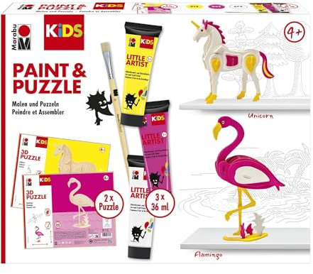 Marabu KiDS Little Artist, 3D Puzzle Set, Motiv Flamingo & Einhorn, Bastelset für Kinder ab 4 Jahren, 2 x 3D Holzpuzzle, Pinsel, 3 x 36 ml Farbe, auswaschbar, vegan, Made in Germany, 0305000000111