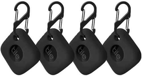VAEKNVG 4PCS Case for Tile Mate Tracker 2024/ Tile Mate Tracker 2022, Soft Silicone Skin Cover Shock-Absorbing Protective Case with Carabiner Accessories (4PCS Black)