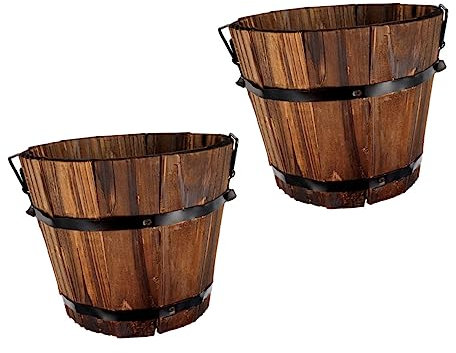 DOITOOL Holz Blumentopf 2 Stück Sukkulenten Pflanzer Vintage Gartendeko Balkonübertopf Brauner Holzeimer 18,5x14x15cm Aus Langlebigem Material
