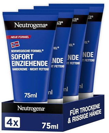 Neutrogena Sofort einziehende Handcreme (75ml), leichte & nicht fettende Feuchtigkeitscreme mit Glycerin + Vitamin E bei trockenen, rissigen Händen (Packung mit 4)