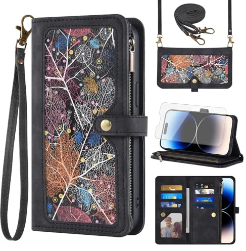Phone Case for iPhone 14 Pro Max 6.7 inch Wallet Cover With Screen Protector Crossbody Wrist Strap Leather Flip Pattern Zipper Credit Card Holder Stand Cell iPhone14promax 5G i iPhone14 ProMax Black