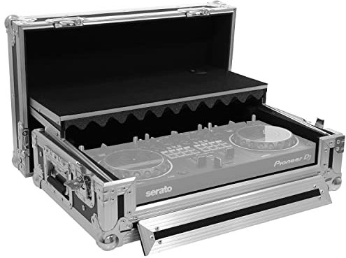 Plugger Case, Flight case professionnel pour contrôleur Pioneer DJ DDJ-REV1. Flight-case en multiplis noir 9mm, cornières aluminium, roulettes, pour contrôleur DJ USB, avec tablette pour PC portable.