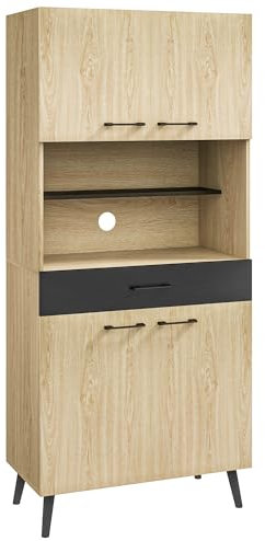 HOMCOM Armoire de Cuisine Buffet de Cuisine Multi-rangements étagères réglables Hauteur 178 cm avec tiroir 2 placards 1 Niche et Passe-câbles Noir et Bois Naturel