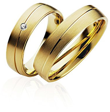 JC Trauringe Silber 925 Paarpreis Eheringe Gold Plattiert I Verlobungsringe breit 5 mm I Partnerringe mit Gravur in edler Schatulle I 2 Hochzeitsringe Herrenring ohne & Damenring mit Stein P902