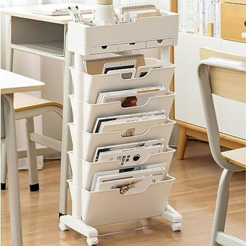 FLYIFE Zeitschriftenständer, mobiles Bücherregal auf Rollen, mobiles Bücherregal auf Rollen, Bücherwagen, 5-stufiges Standregal, Rollordner, mobiler Rollwagen