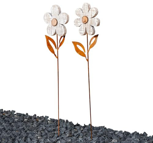 levandeo 2er Set Gartenstecker Blume H57cm Rost Holz Garten-Deko Frühling Deko-Blume Stele Beetstecker Rostdeko