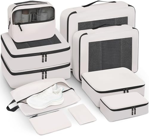Prezon Cubos de embalaje para maletas, juego de 10, organizadores de equipaje ligeros, cubos de embalaje para accesorios de viaje - Crema