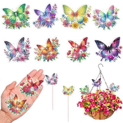 Demiawaking 8Pcs DIY Diamond Painting Blumenstecker Gartenstecker, Diamant Painting Blumentopf Deko Gartendeko, Gartenpfähle Schmetterling Stangen Garten Ornamente (G)