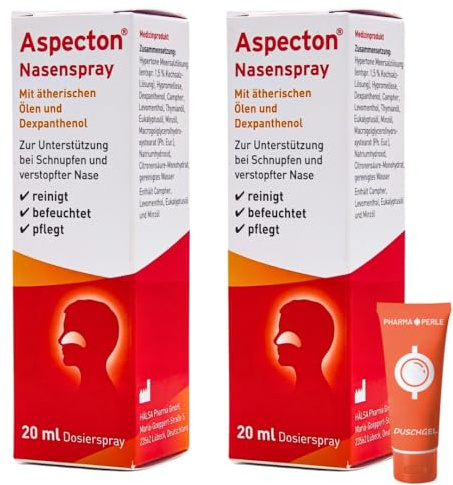 Aspecton Nasenspray 2x 20 ml I mit 1,5% Kochsalz-Lösung I bei Schnupfen und verstopfter Nase I mit Meersalz, Dexpanthenol und ätherischen Ölen I Schnupfenspray I Spar-Set plus Pharma Perle give-away