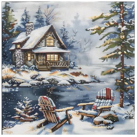 Xinpinzhou Korsstygnskit snölandskap, bildmönster broderiset korsstygn broderi kit nybörjare förtryckt komplett startpaket barn kors stygn broderi 40 x 40 cm